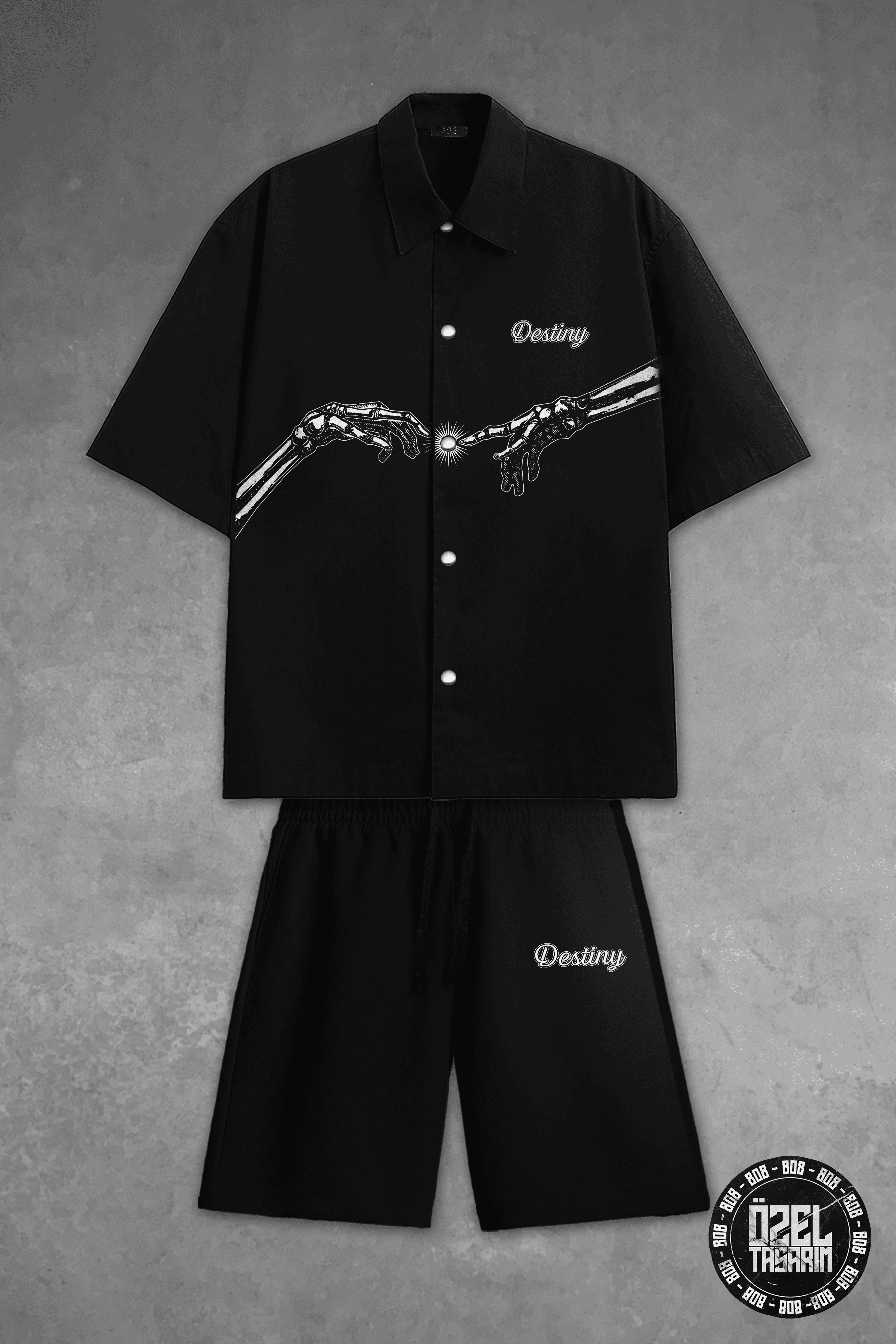 808 " Destiny " Baskılı Oversize Takım ( Gömlek + Şort ) - Siyah