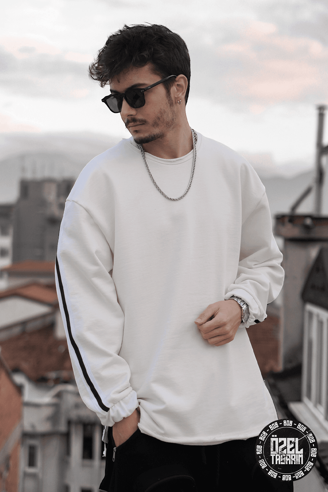 808 Kol Şeritli Pis Yaka Oversize Sweatshirt - Ekru