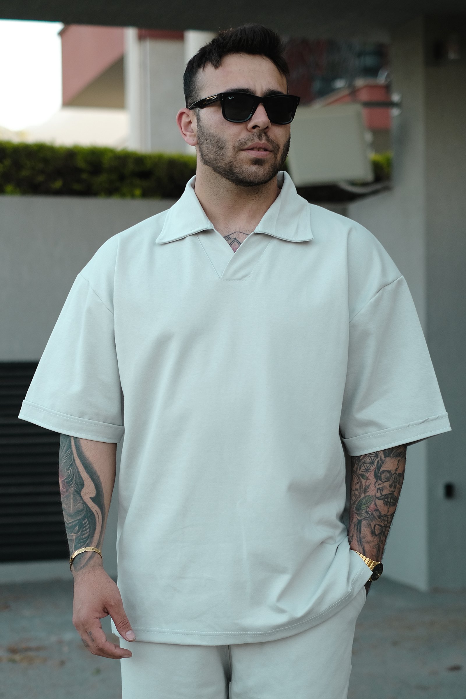 808 Yakalı Basic Tok Oversize Tişört - Açık Gri