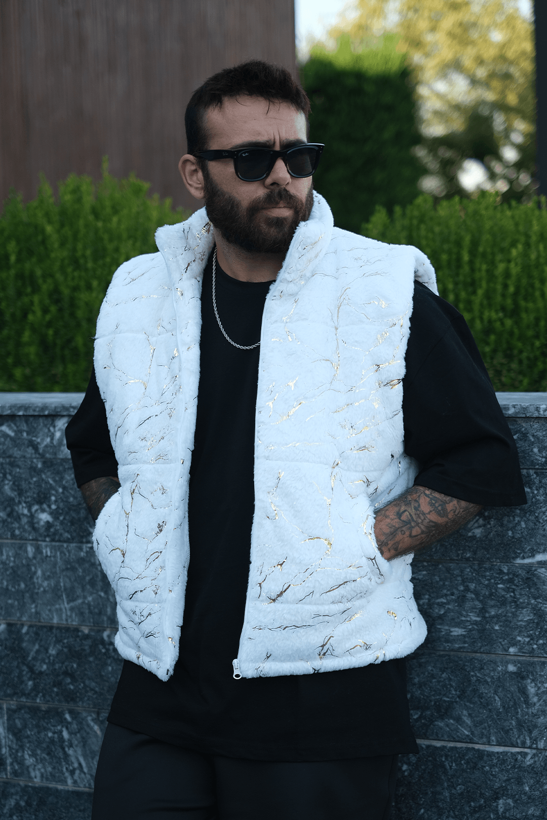 808 Golden Varak Desen Dolgulu Dik Yaka Yelek