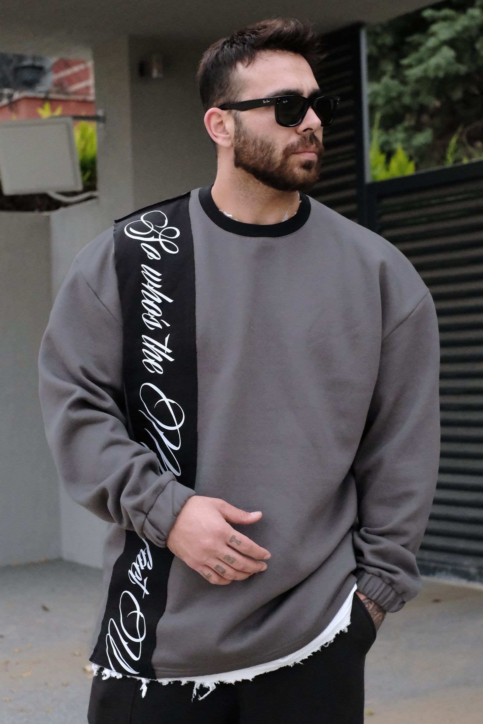 808 Şerit Detay Baskılı Oversize Sweatshirt - Gri