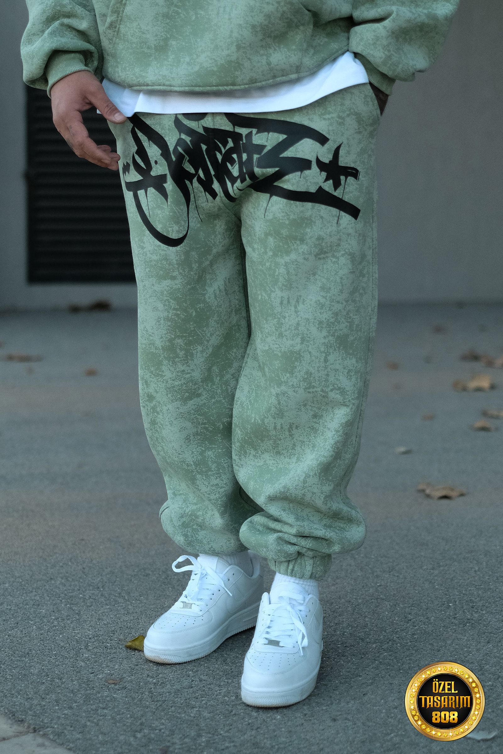 808 Tag Baskılı Özel Tasarım Oversize Jogger - Yeşil