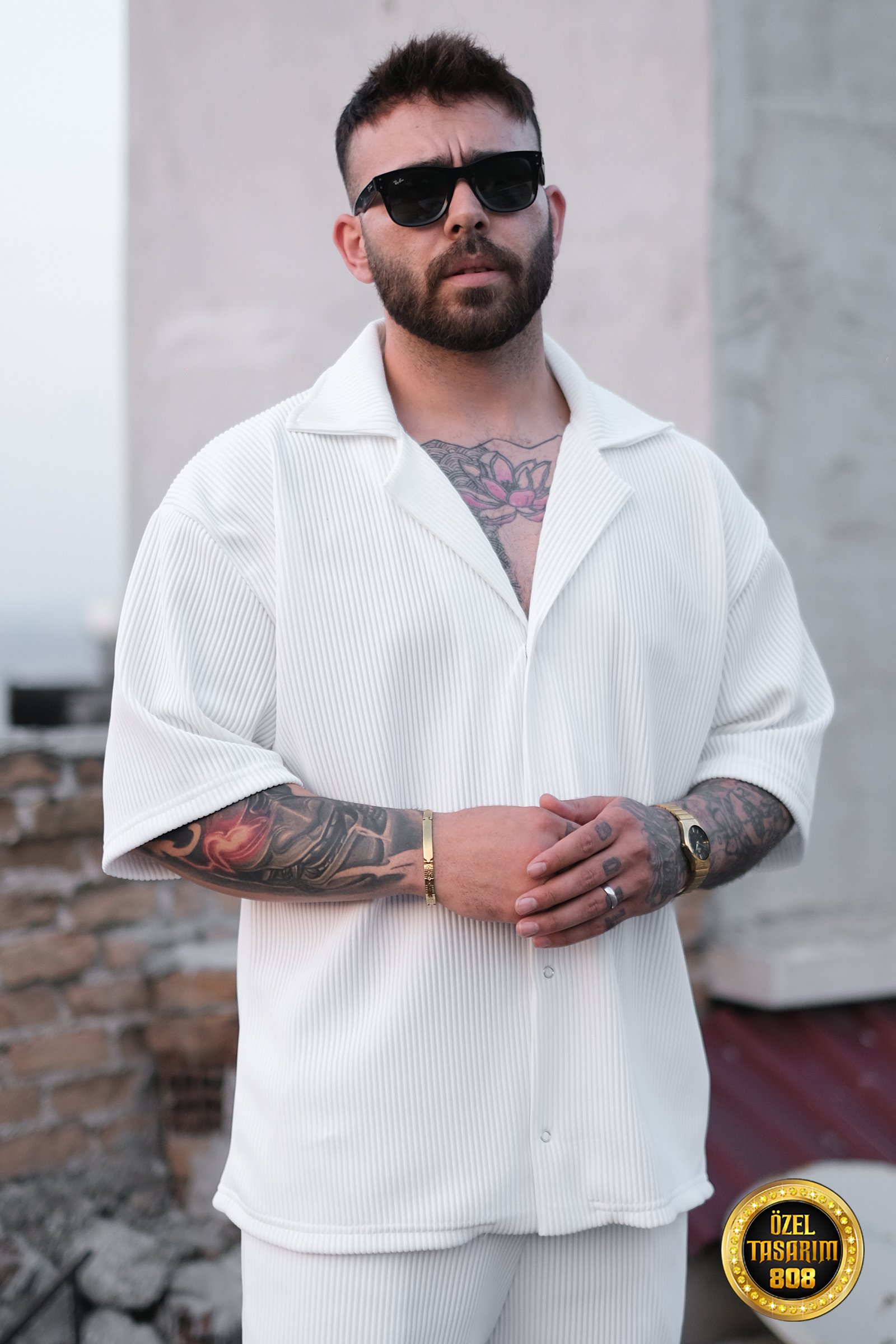 808 Fitil Dokulu Oversize V Yaka Gömlek - Beyaz