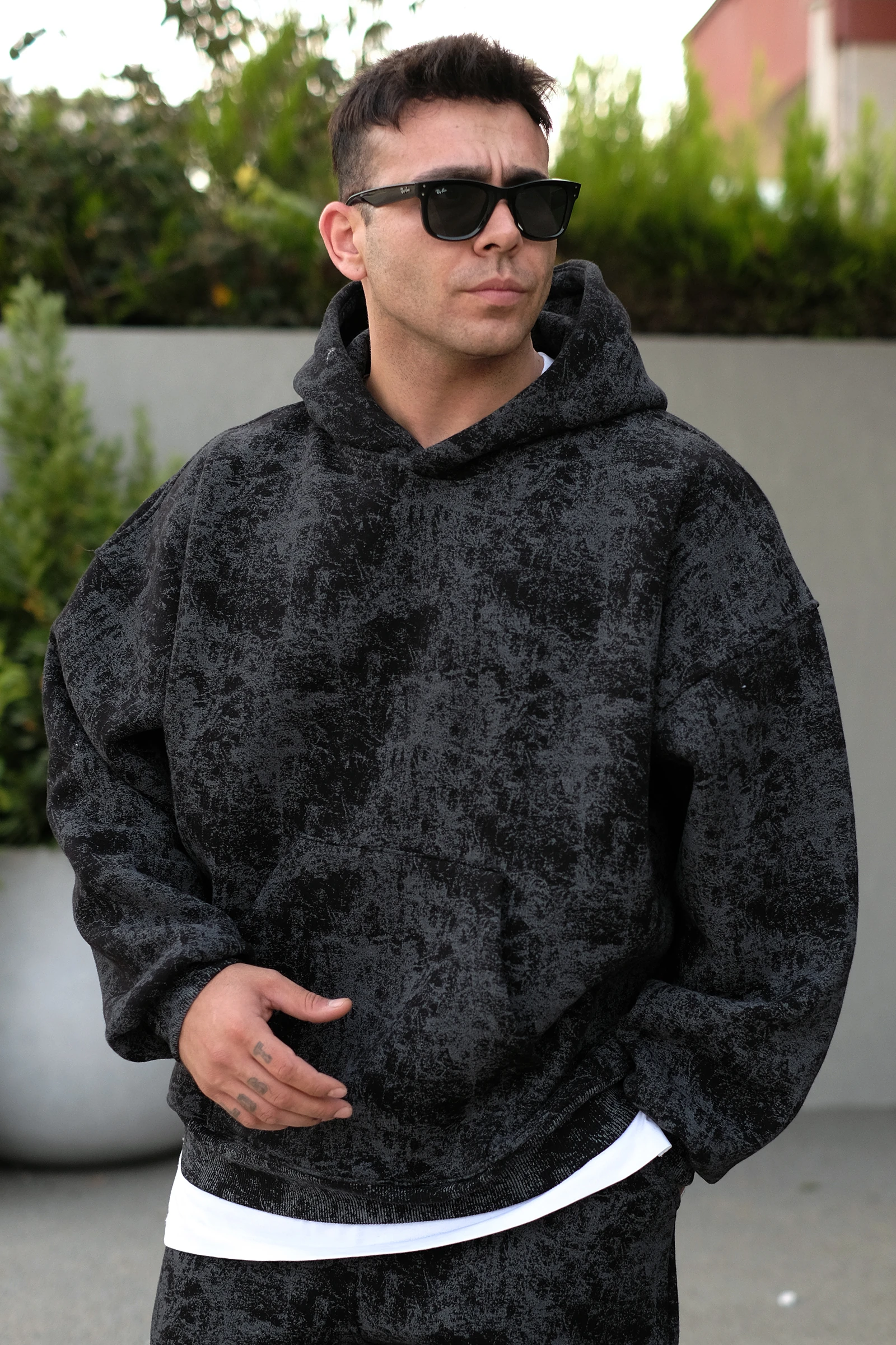 808 Eskitme Efekt Extra Oversize Puff Hoodie - Siyah