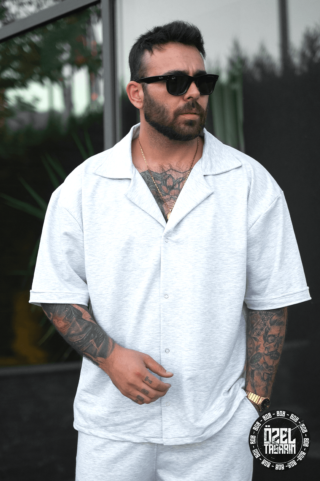808 Basic V Yaka Oversize Tok Gömlek - Açık Gri Melanj