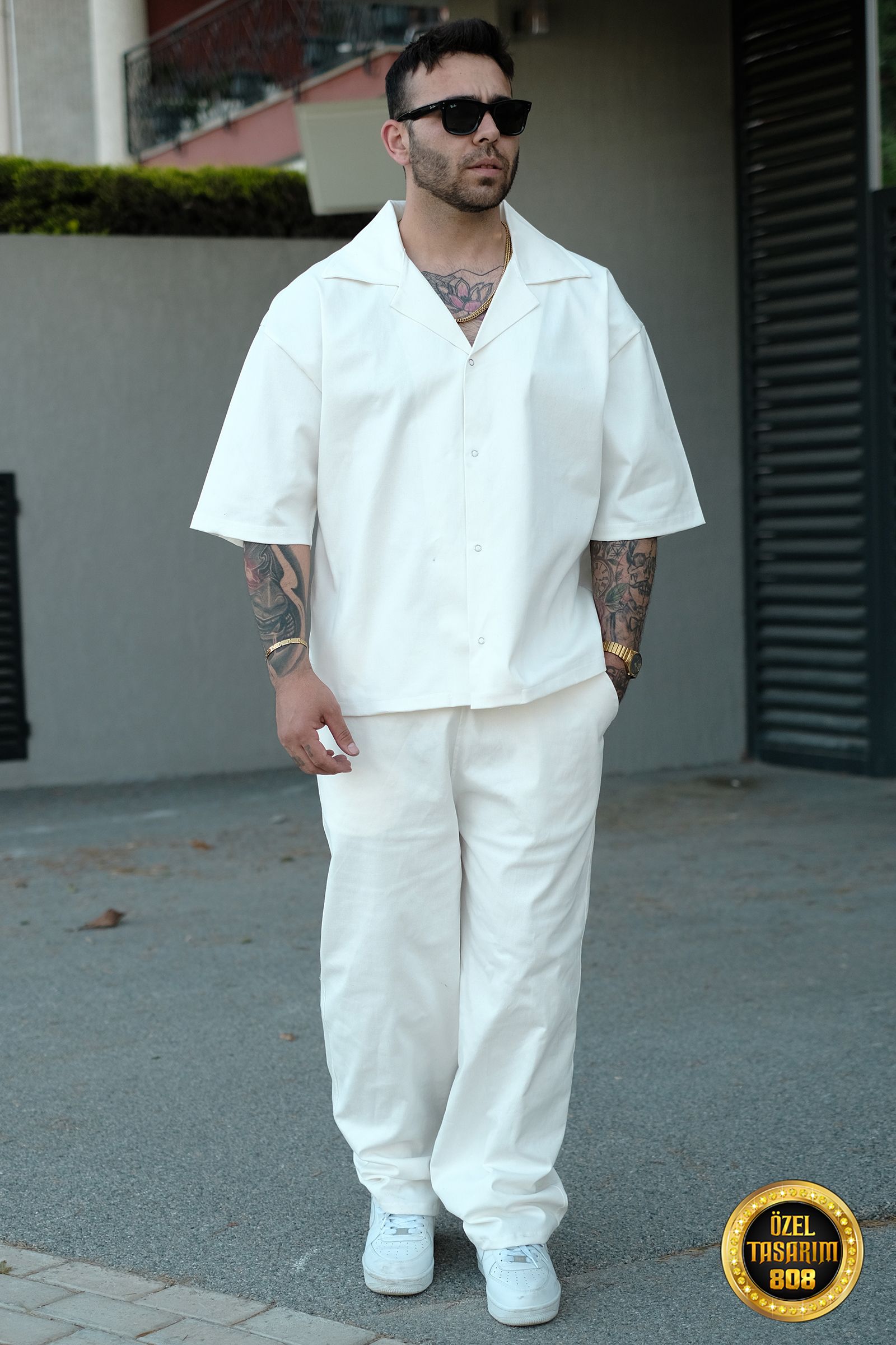 808 Oversize Basic Takım (Gömlek + Jogger) - Ekru