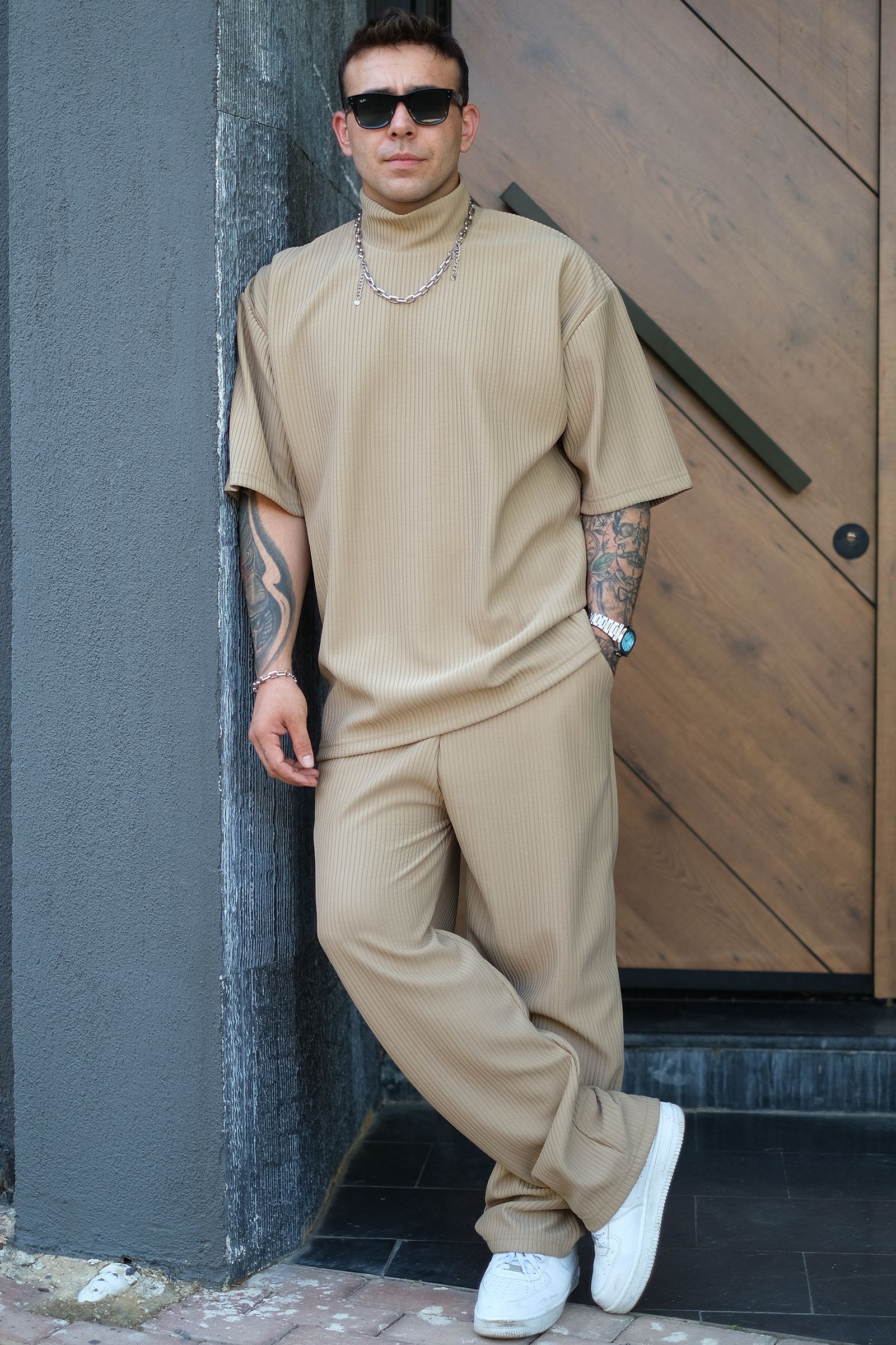 808 Fitil Dokulu Oversize Balıkçı Yaka Tişört
