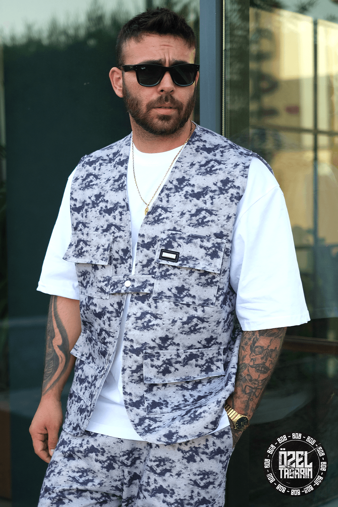 808 Gölge Batik Desen Tek Düğme Oversize Yelek