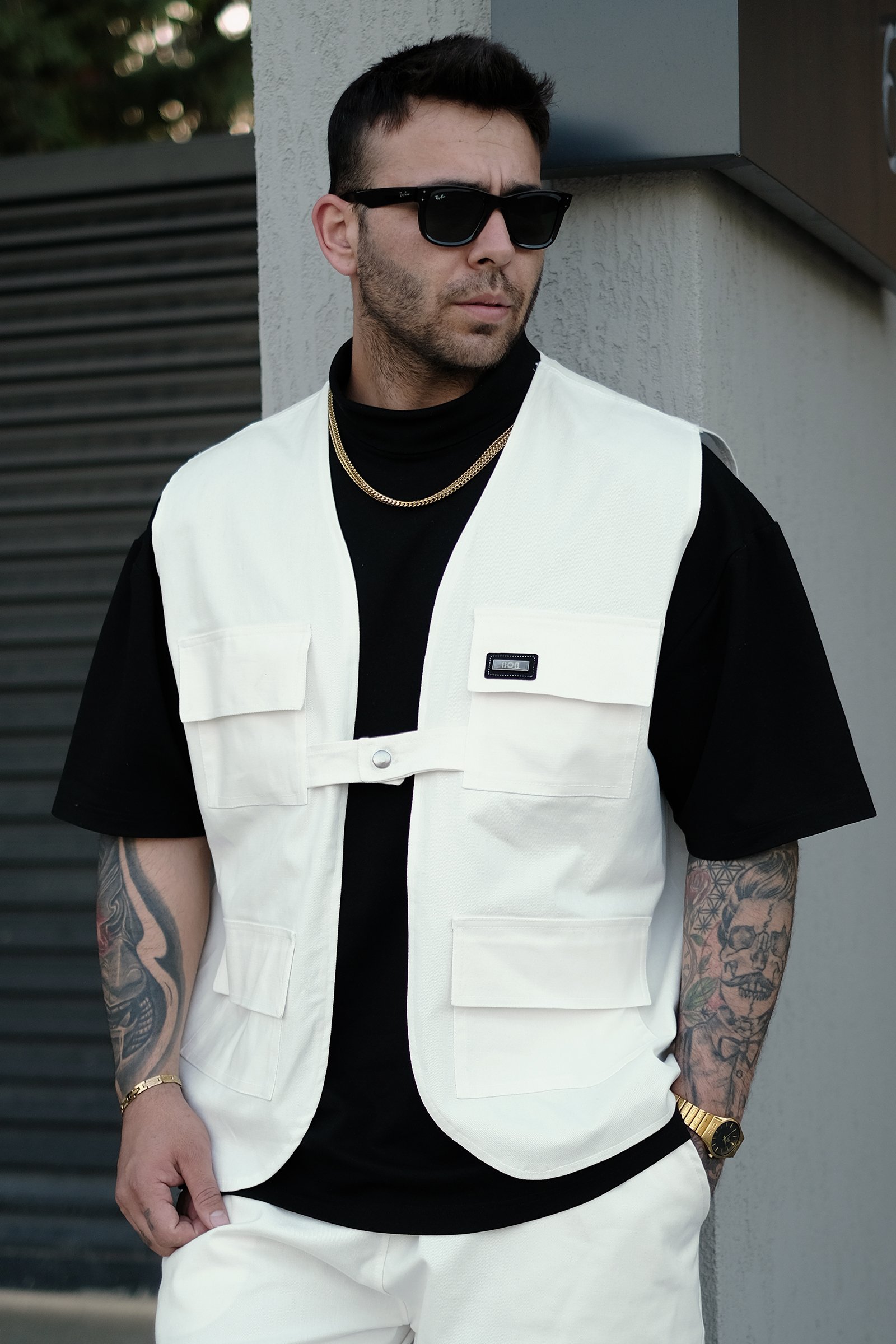 808 Oversize Tek Düğme Cepli Yelek - Ekru