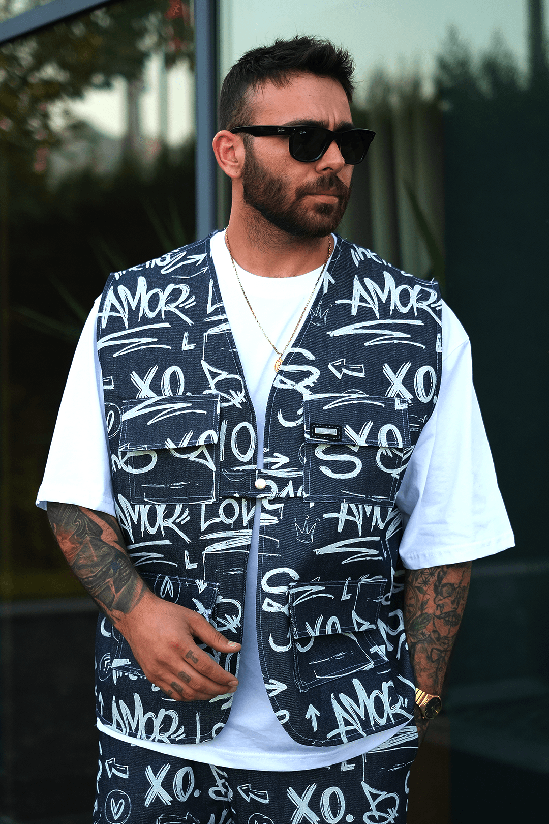 808 XO Street Desen Tek Düğme Oversize Yelek