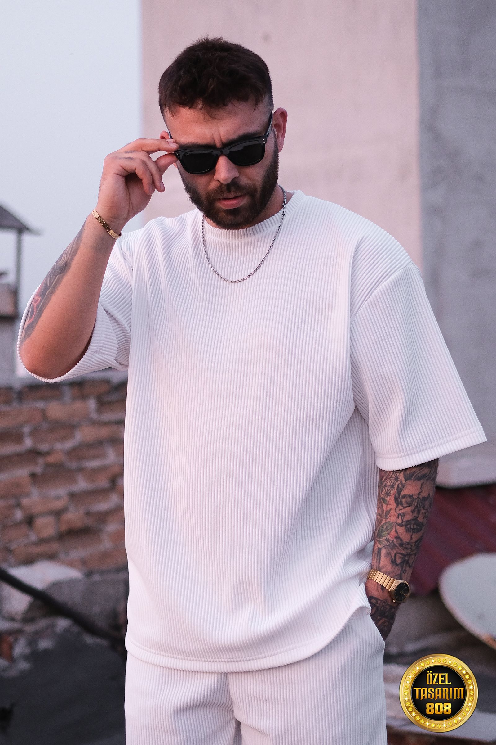 808 Fitil Dokulu Oversize Sıfır Yaka Tok Tişört