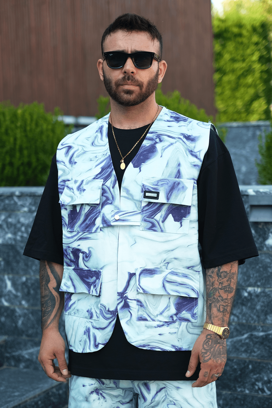 808 Mavi Ametist Desen Oversize Takım ( Yelek + Şort )