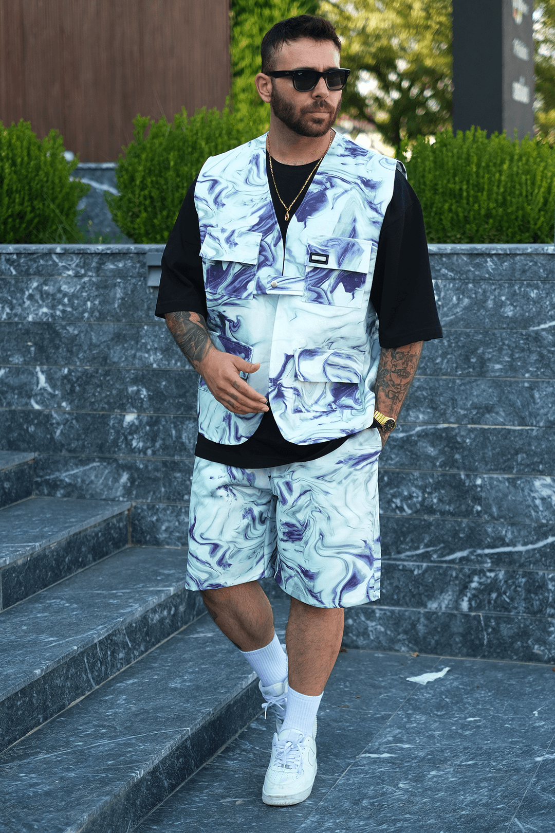 808 Mavi Ametist Desen Oversize Takım ( Yelek + Şort )