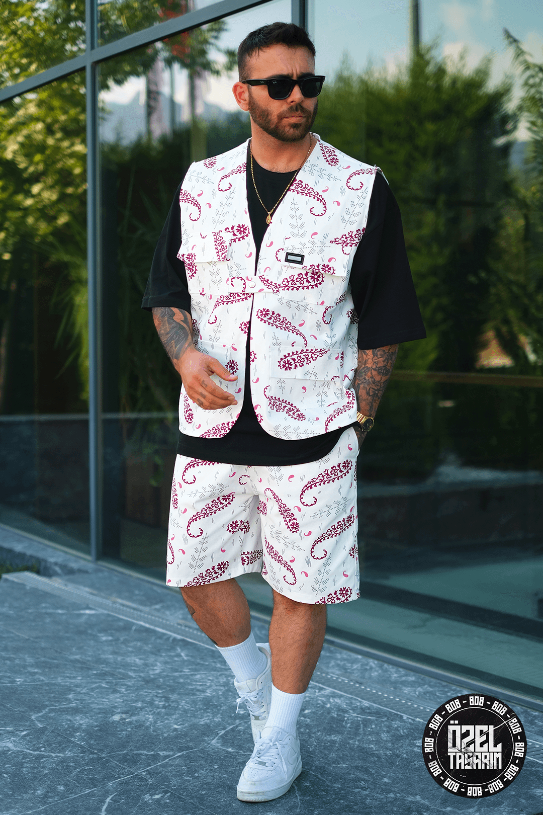 808 Kızıl Paisleyı Desen Oversize Takım ( Yelek + Şort )