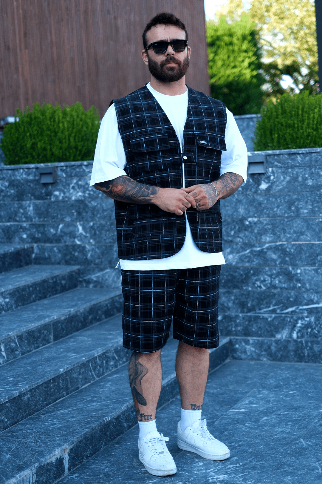 808 Metal Grid Desen Tek Düğme Oversize Takım (Yelek + Şort)