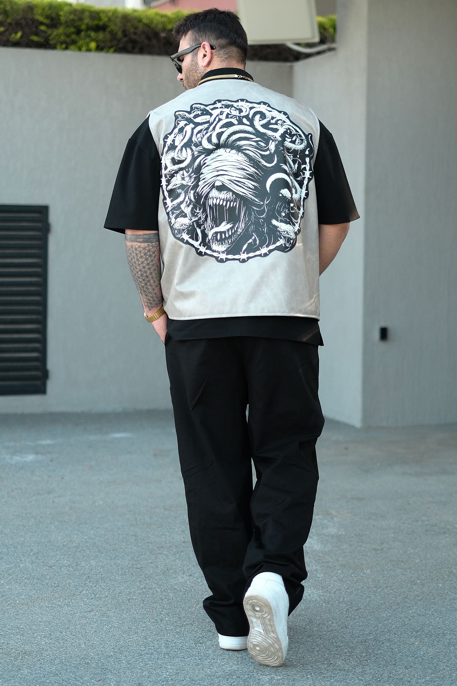 808 Oversize Tek Düğme ''Still Alive '' Deri Patch Yelek