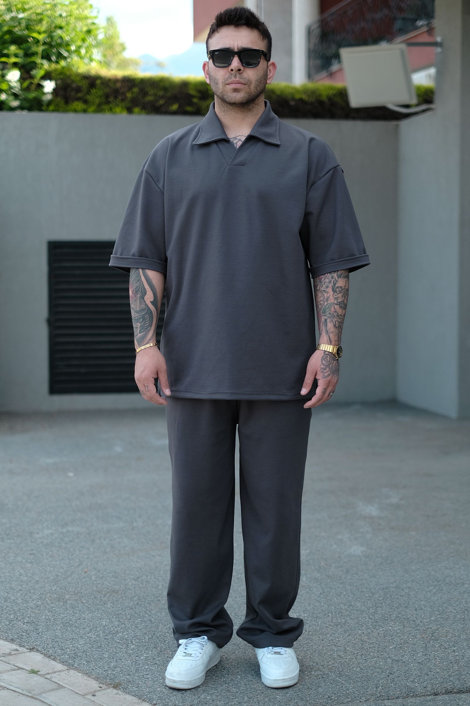 808 Yakalı Basic Tok Oversize Tişört - Koyu Gri
