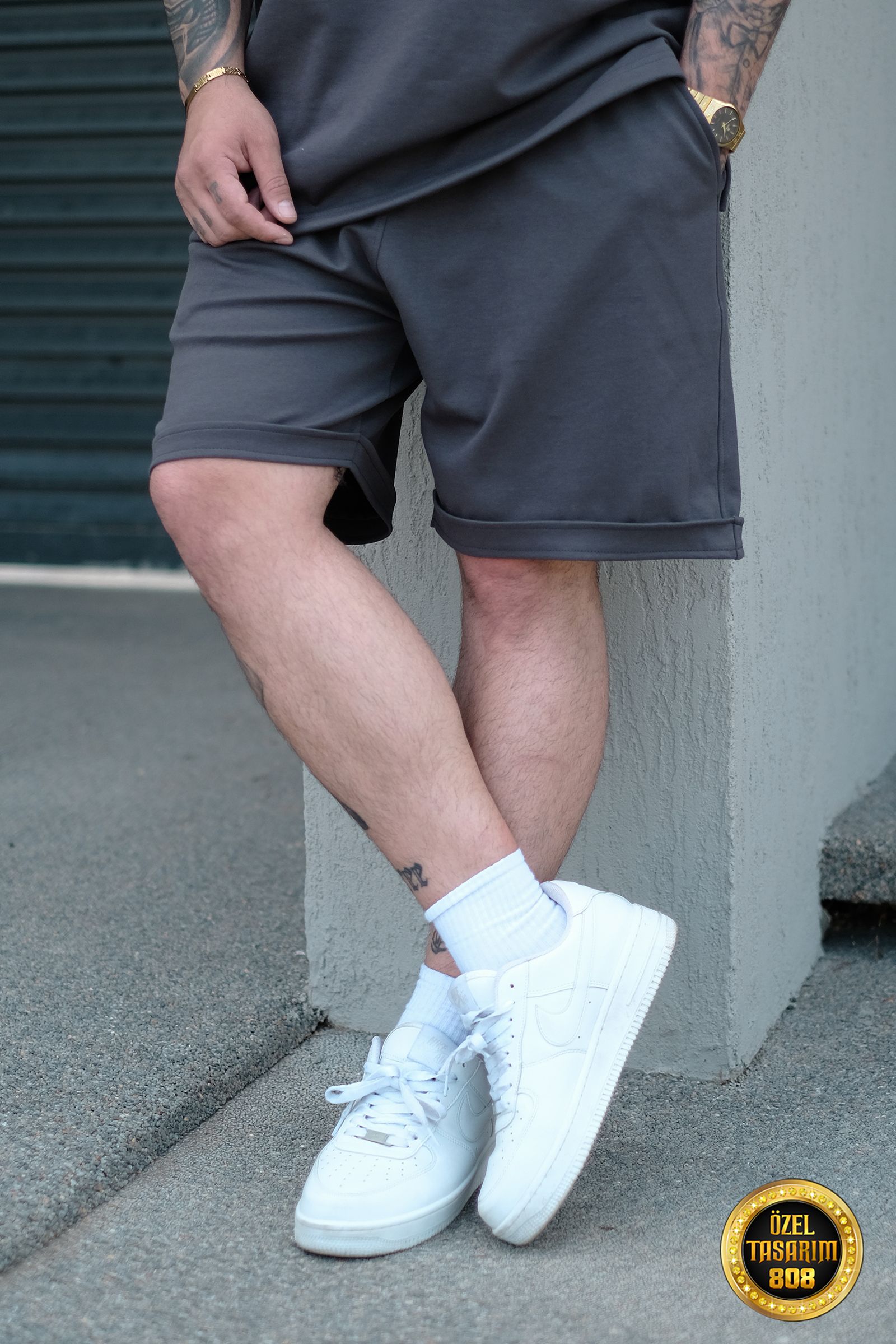 808 Basic Tok Oversize Şort - Koyu Gri