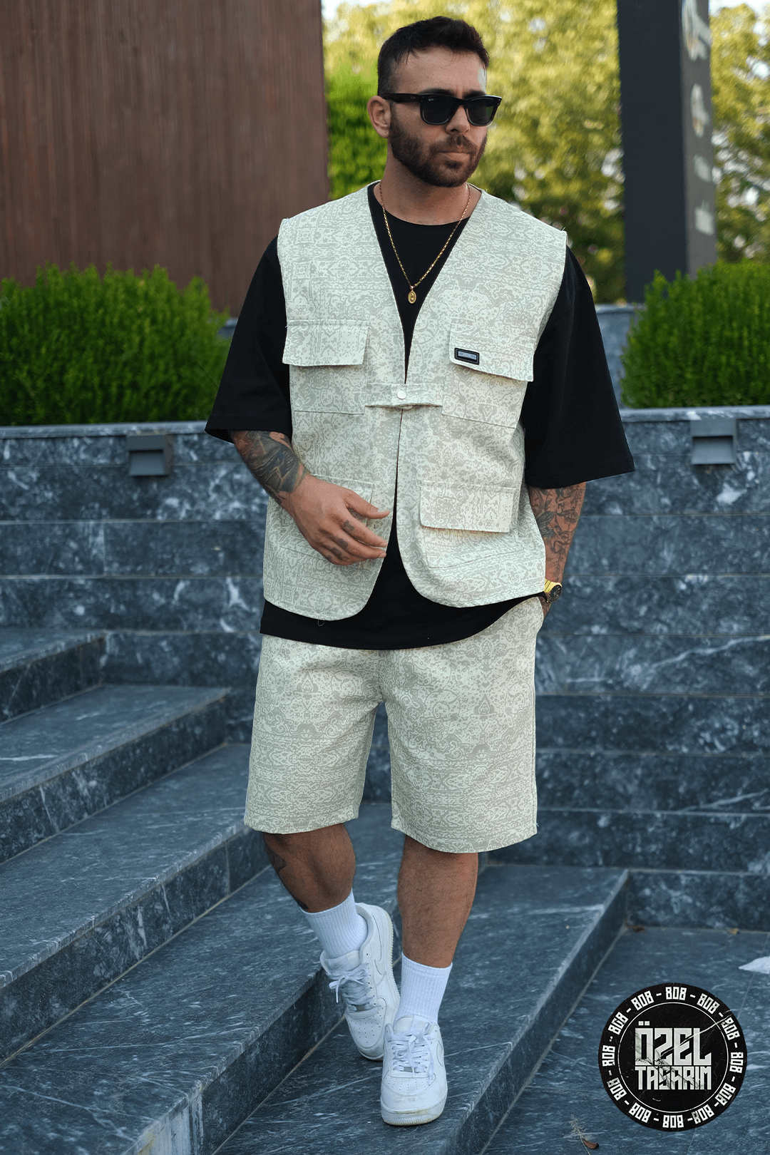 808 Fildişi Mozaik Desen Oversize Takım ( Yelek + Şort )