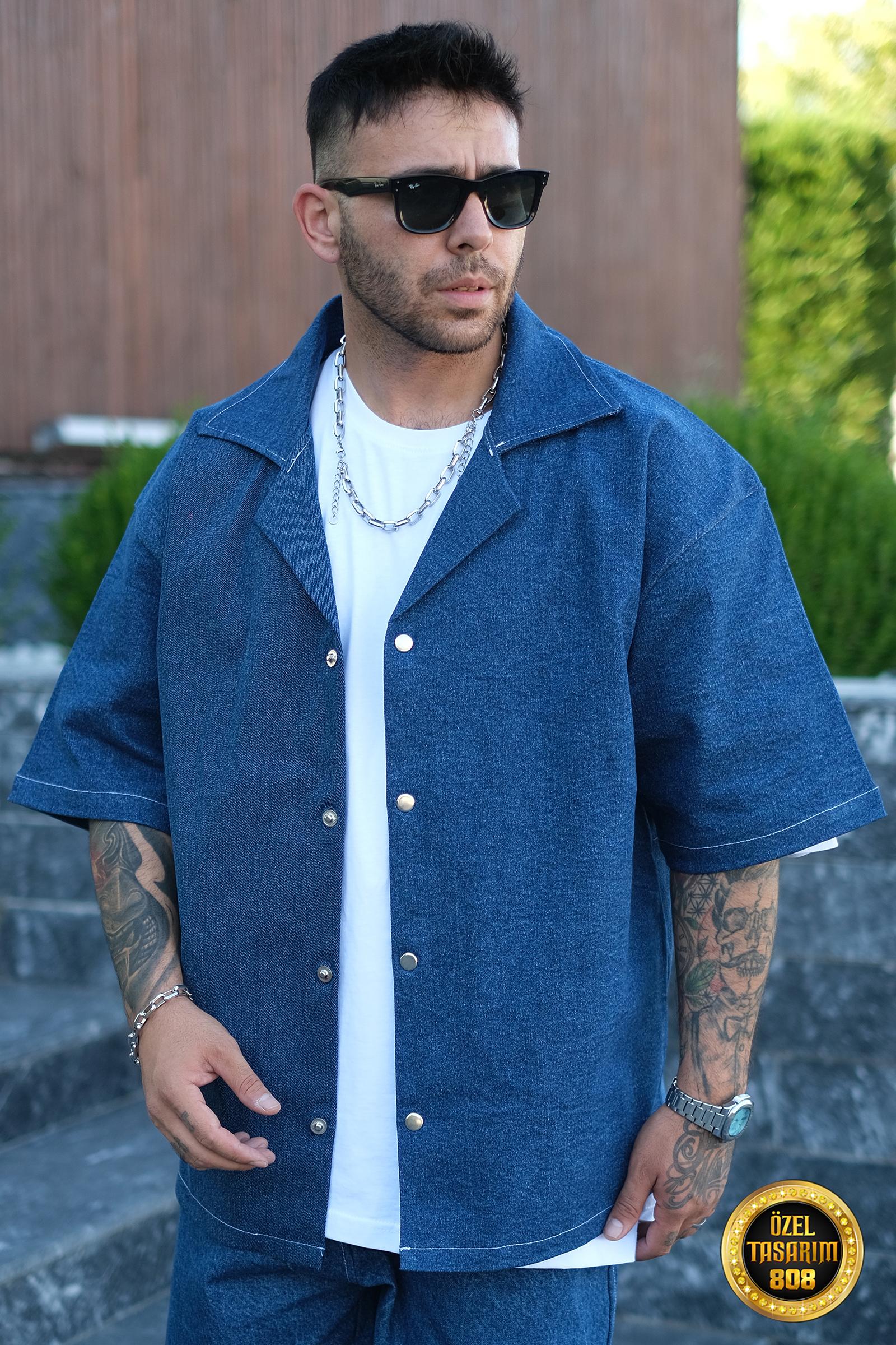 808 Oversize Basic Tok Kot Gömlek - Mavi