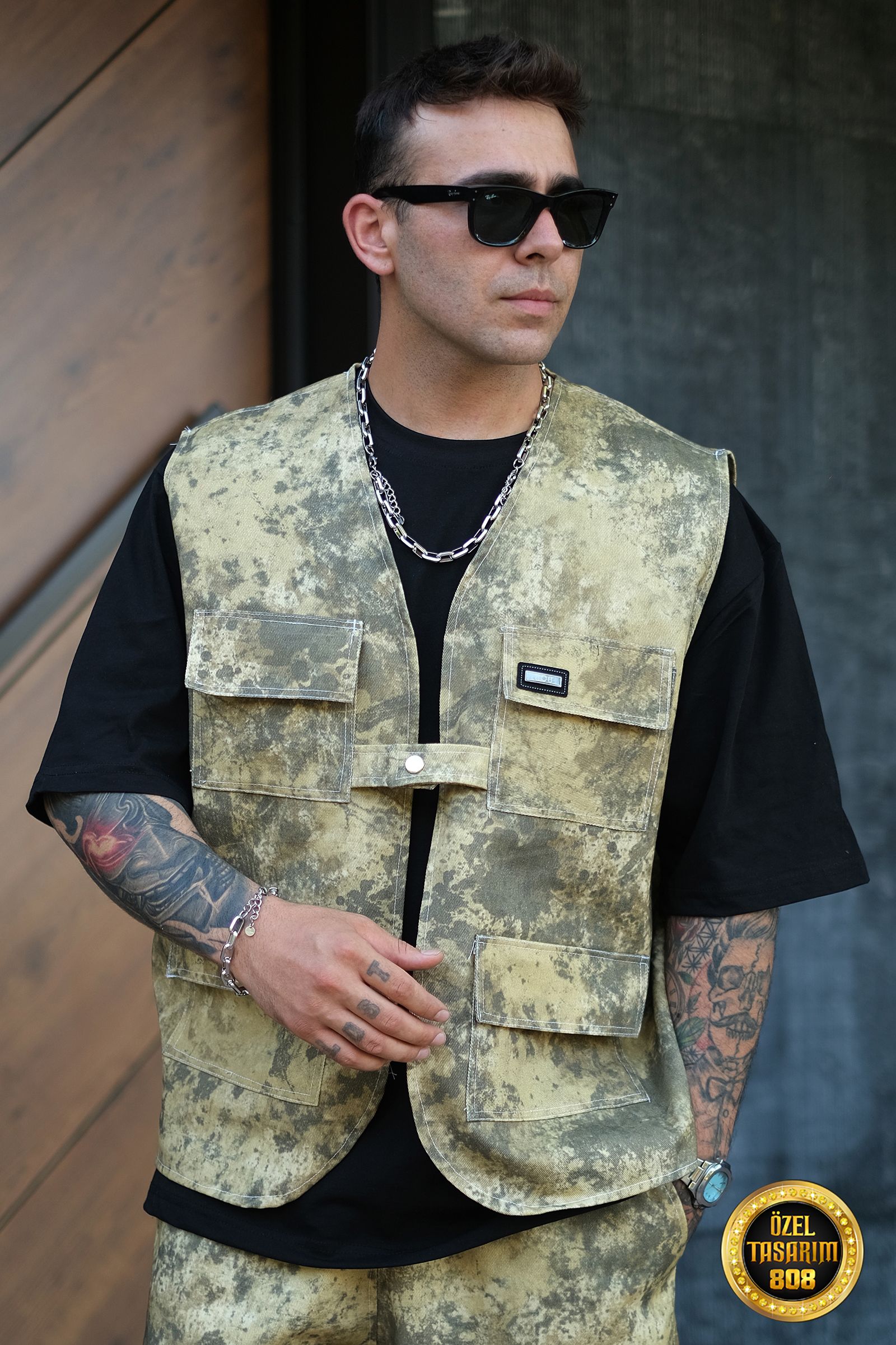 808 Leke Efektli Tek Düğme Oversize Kot Yelek