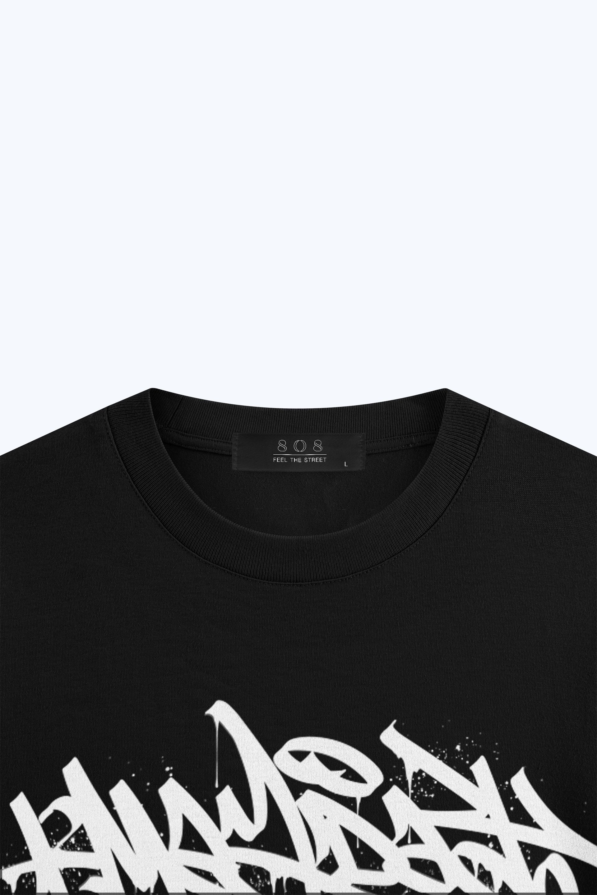 808 Tag Baskılı Oversize Tişört - Siyah