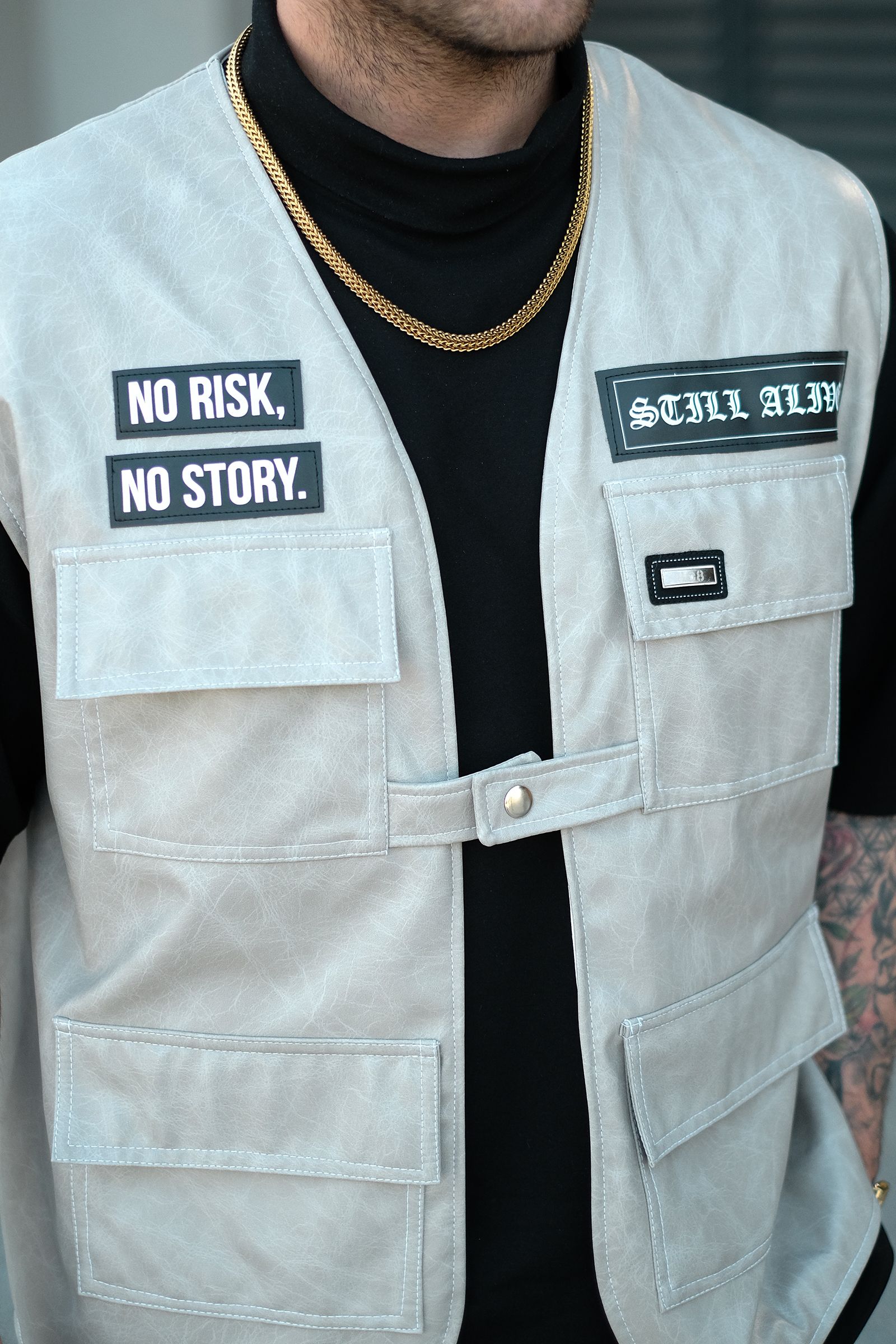 808 Oversize Tek Düğme ''Still Alive '' Deri Patch Yelek