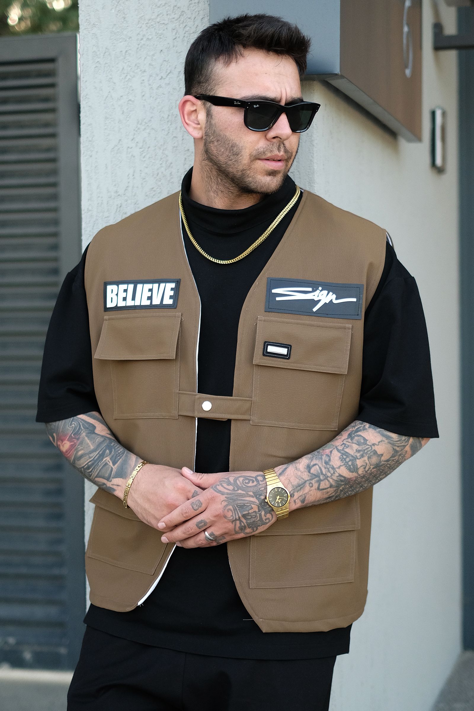 808 Oversize Tek Düğme ''Believe Yelek - Taba