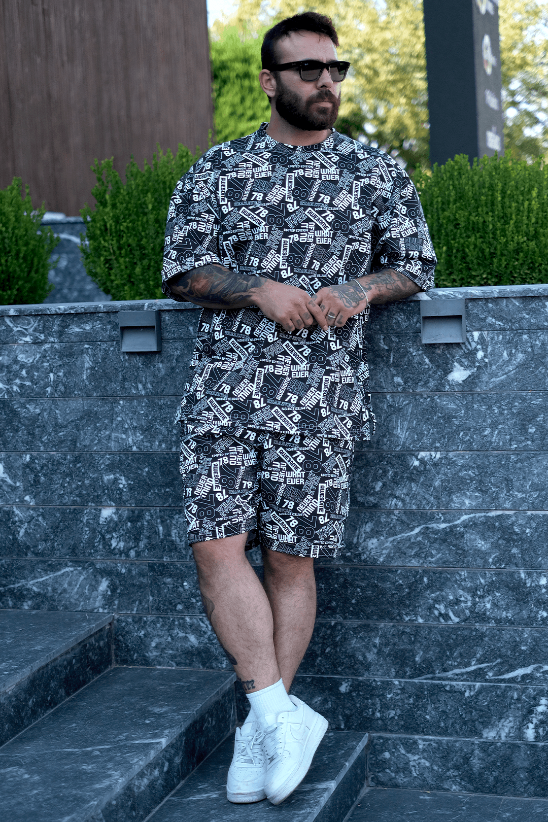 808 78 Desen Tok Oversize Takım ( Sıfır Yaka Tişört+ Şort )