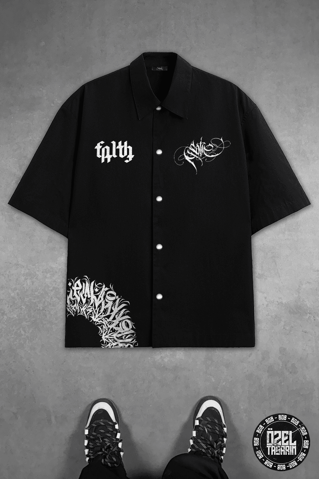 808 " Sokak Tipografi " Baskılı Oversize Takım ( Gömlek + Şort ) - Siyah