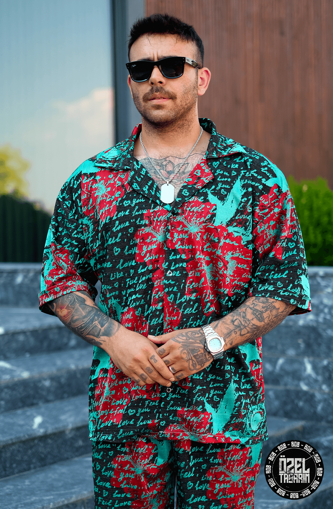808 Yazı Desen Dökümlü V Yaka Oversize Takım ( Gömlek + Şort )
