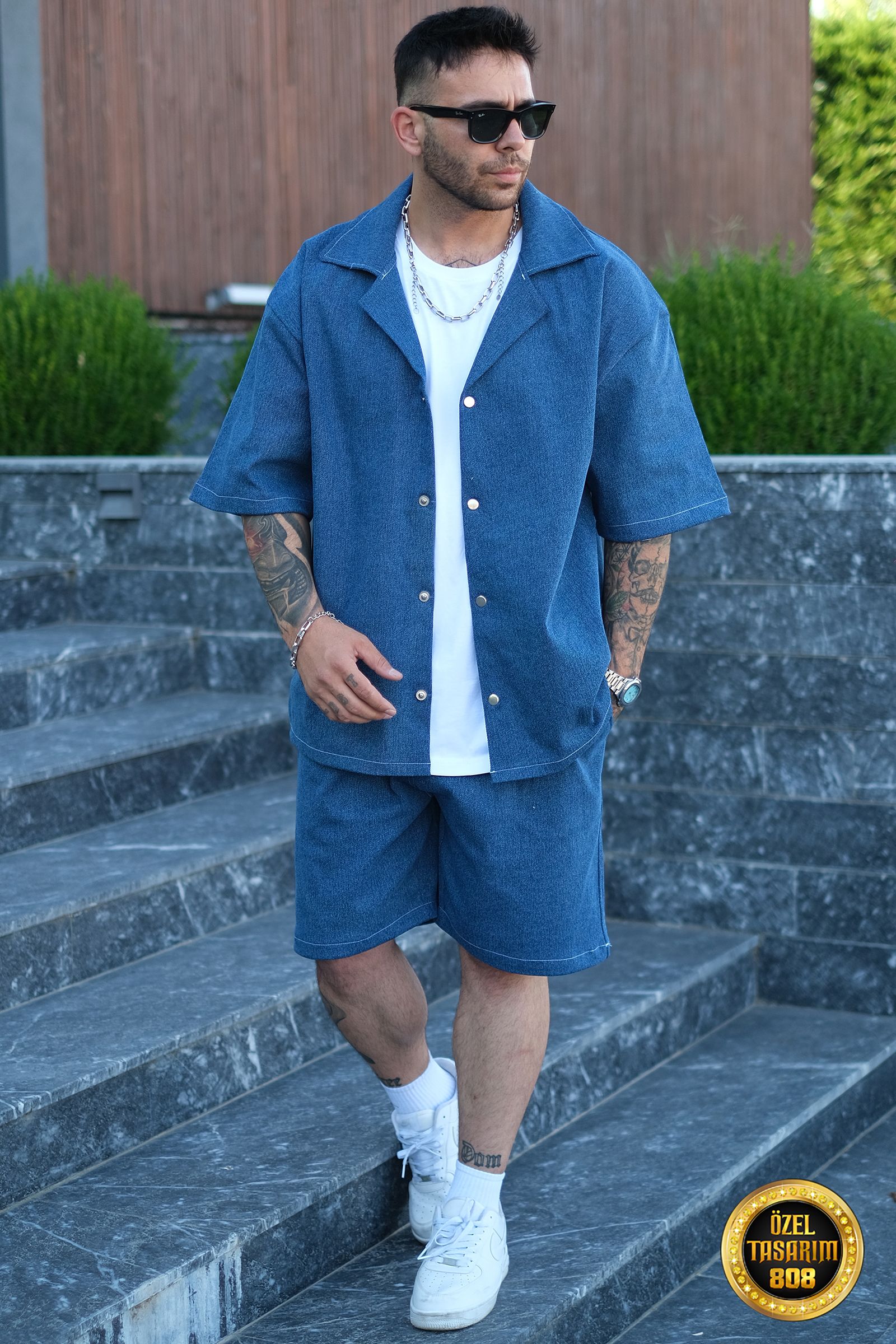 04. 808 Oversize Basic Tok Kot Takım (Gömlek + Şort) - Açık Mavi