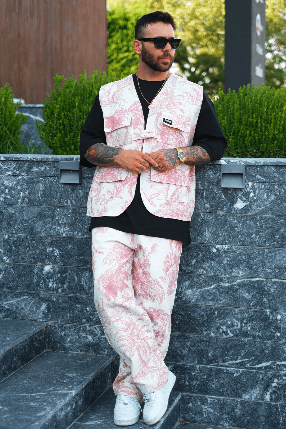 808 Palmiye Desen Oversize Takım ( Yelek + Şort )
