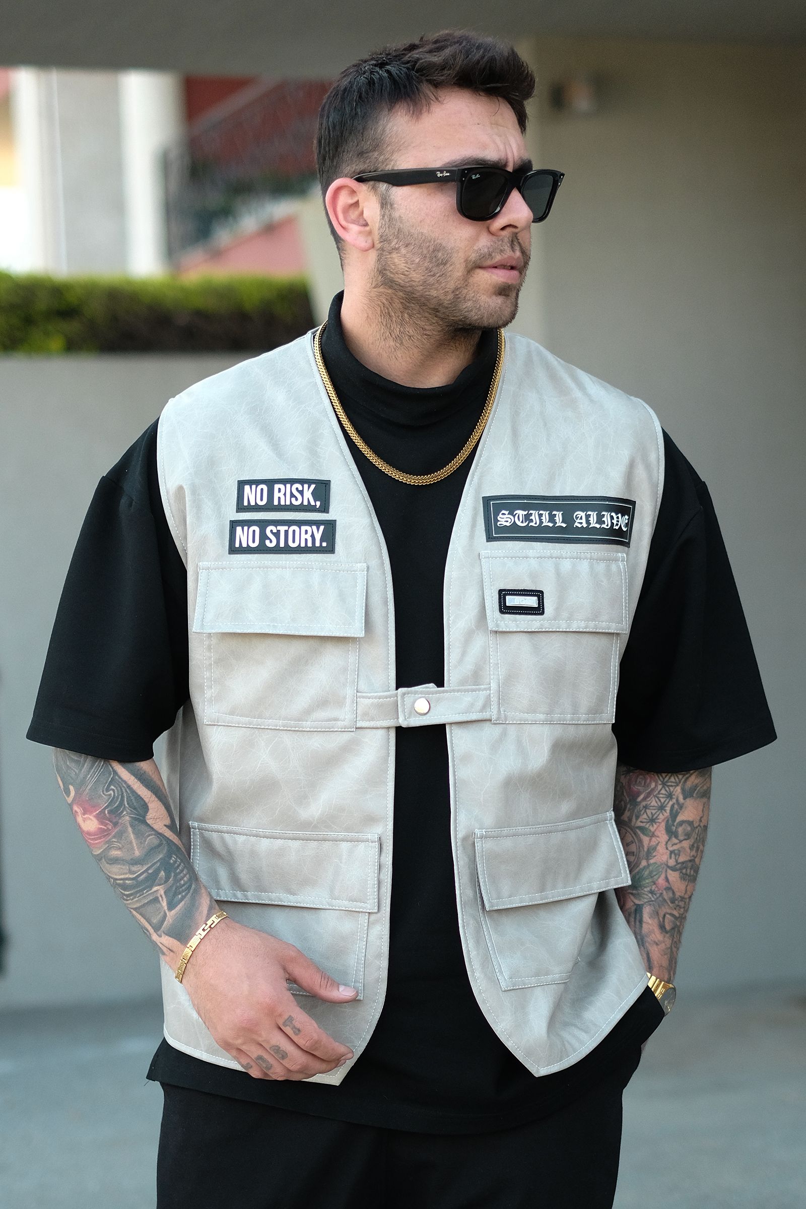 808 Oversize Tek Düğme ''Still Alive '' Deri Patch Yelek