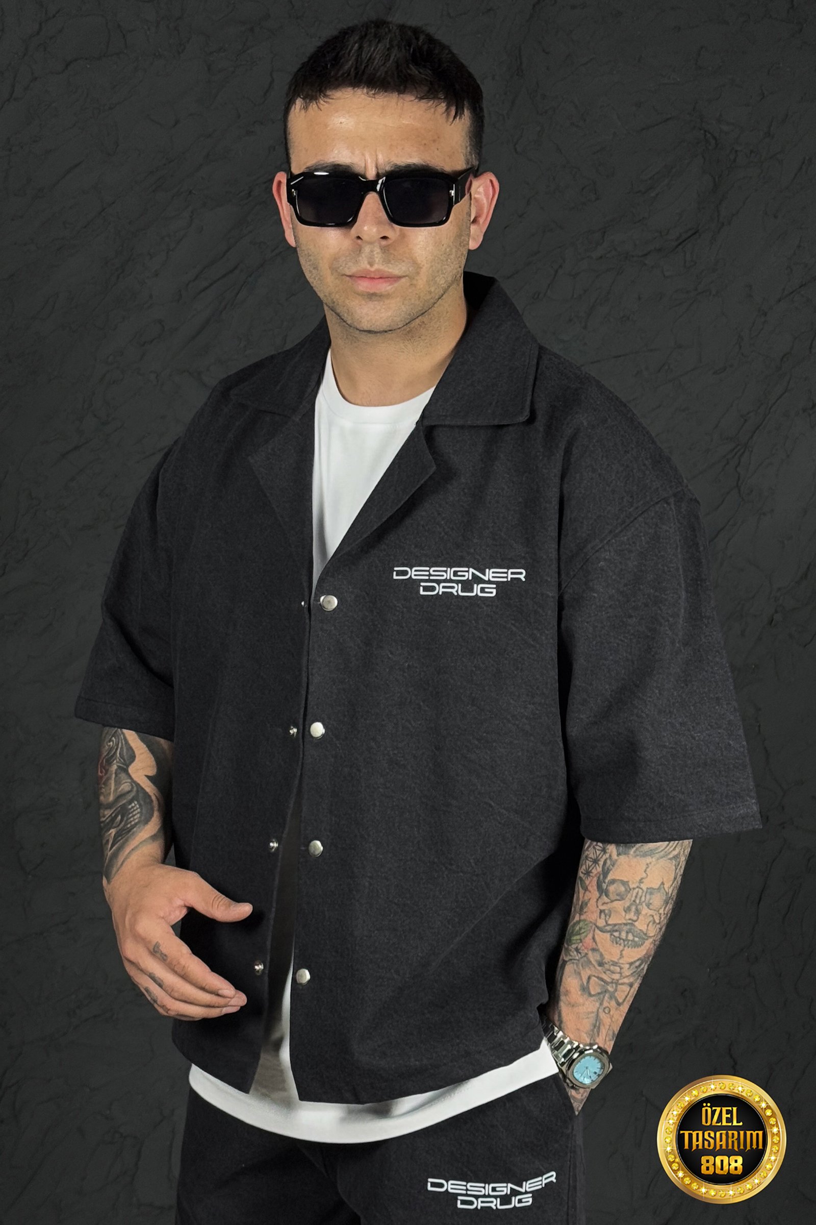 808 Designer Baskılı Oversize Tok Kot Gömlek
