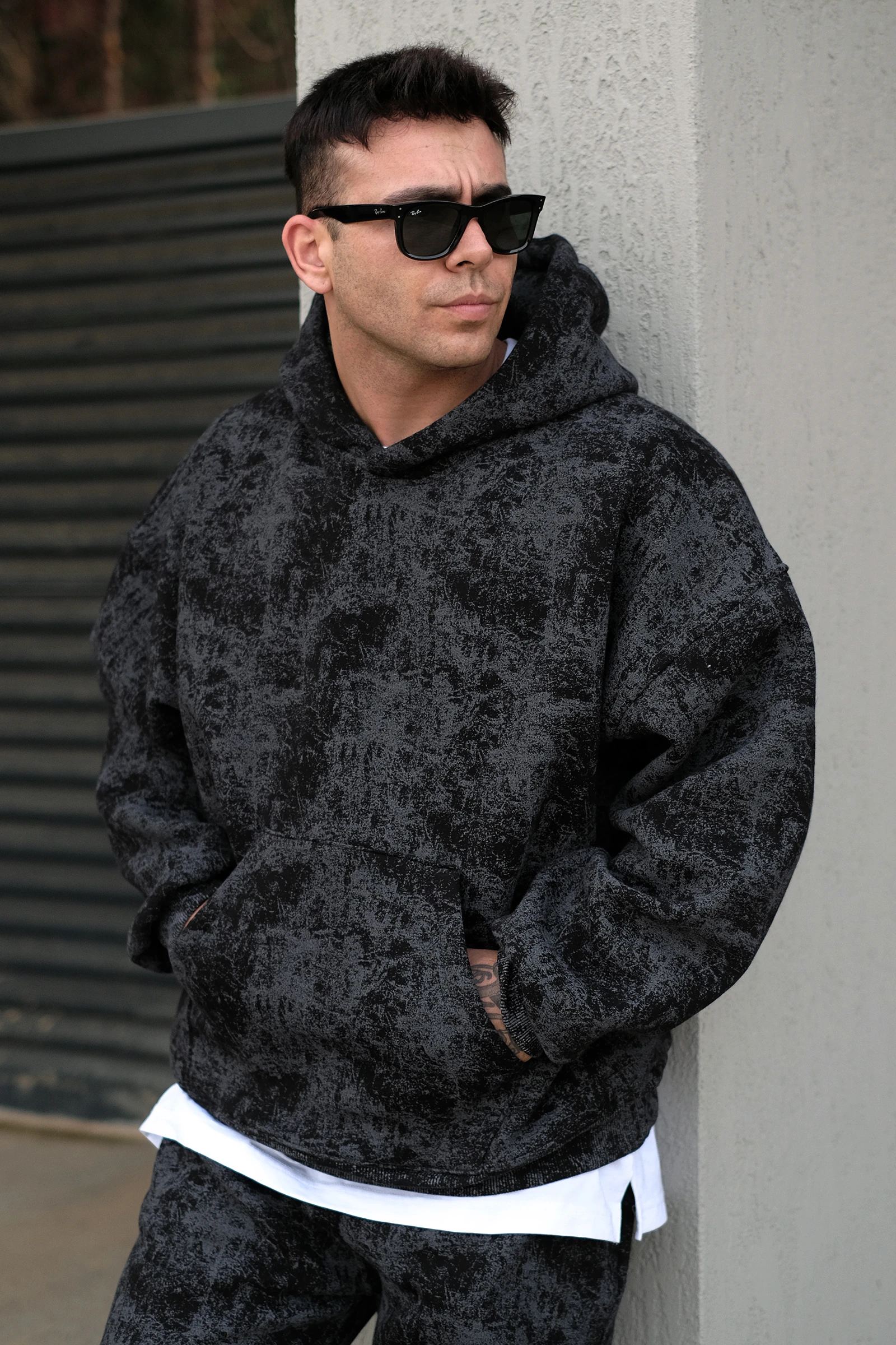 808 Eskitme Efekt Extra Oversize Puff Hoodie - Siyah