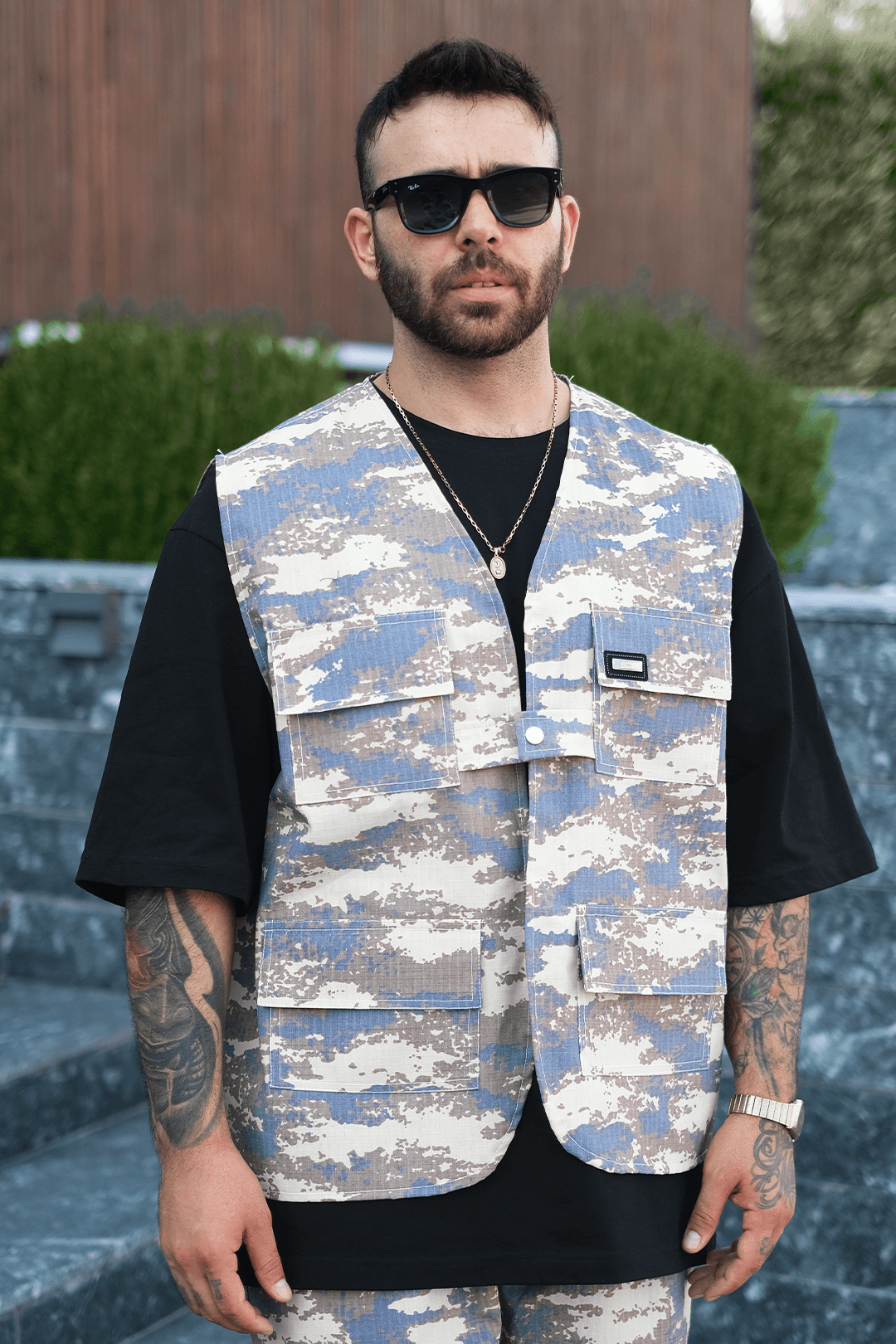 808 Dijital Kum Desen Tek Düğme Oversize Yelek