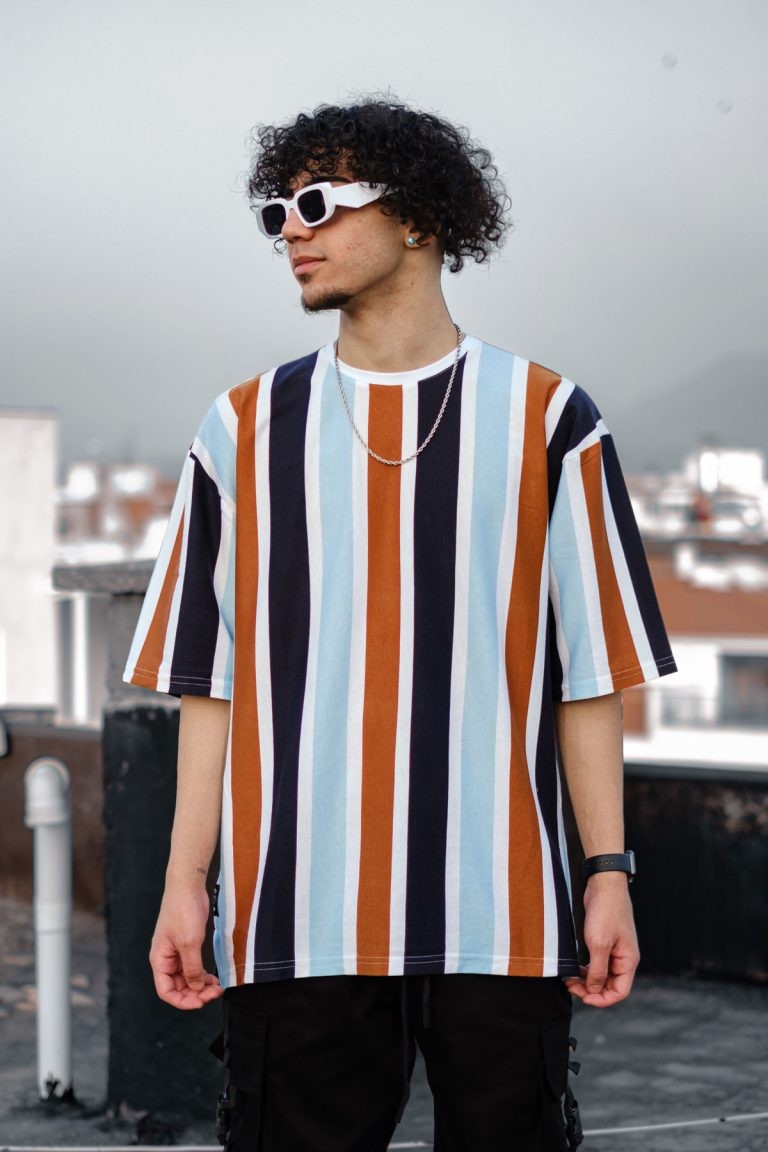 808 Çizgili Kontast Renkli Oversize Tişört