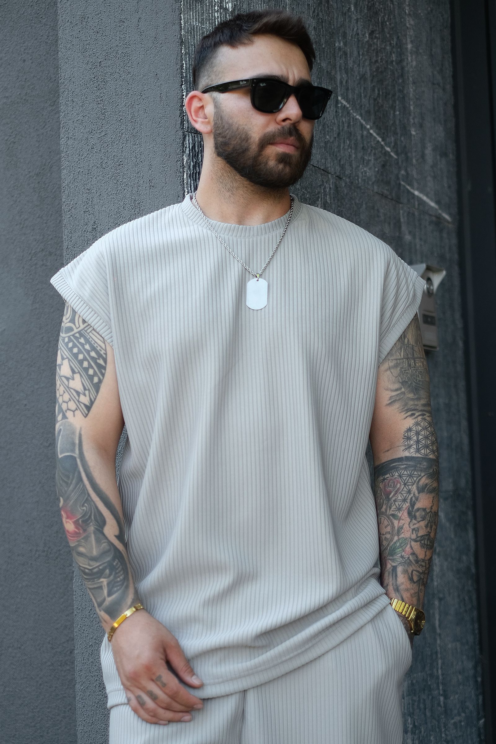 808 Fitil Dokulu Oversize Kolsuz Tişört - Gri