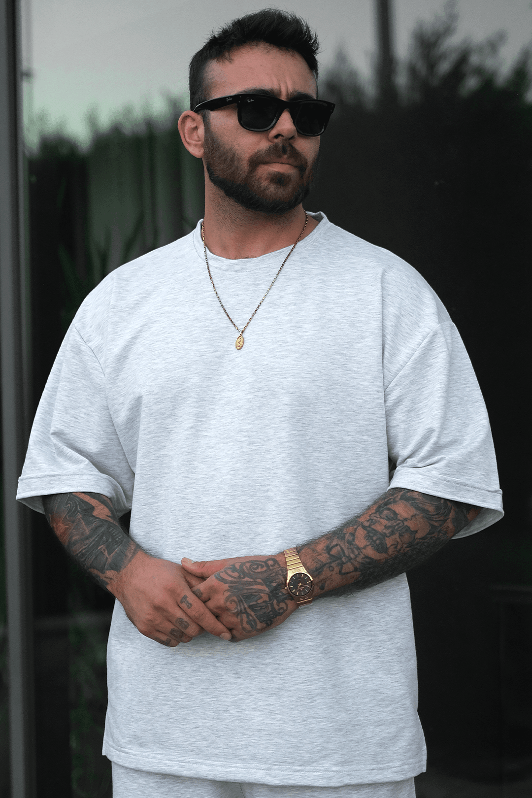 808 Basic Oversize Tok tişört - Açık Gri Melanj