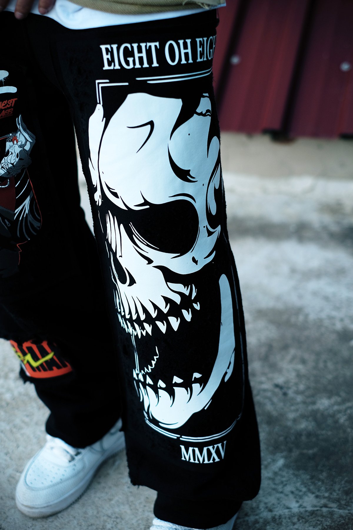 808 Skull Baskılı Kumaş Yamalı Özel Tasarım Baggy Jogger