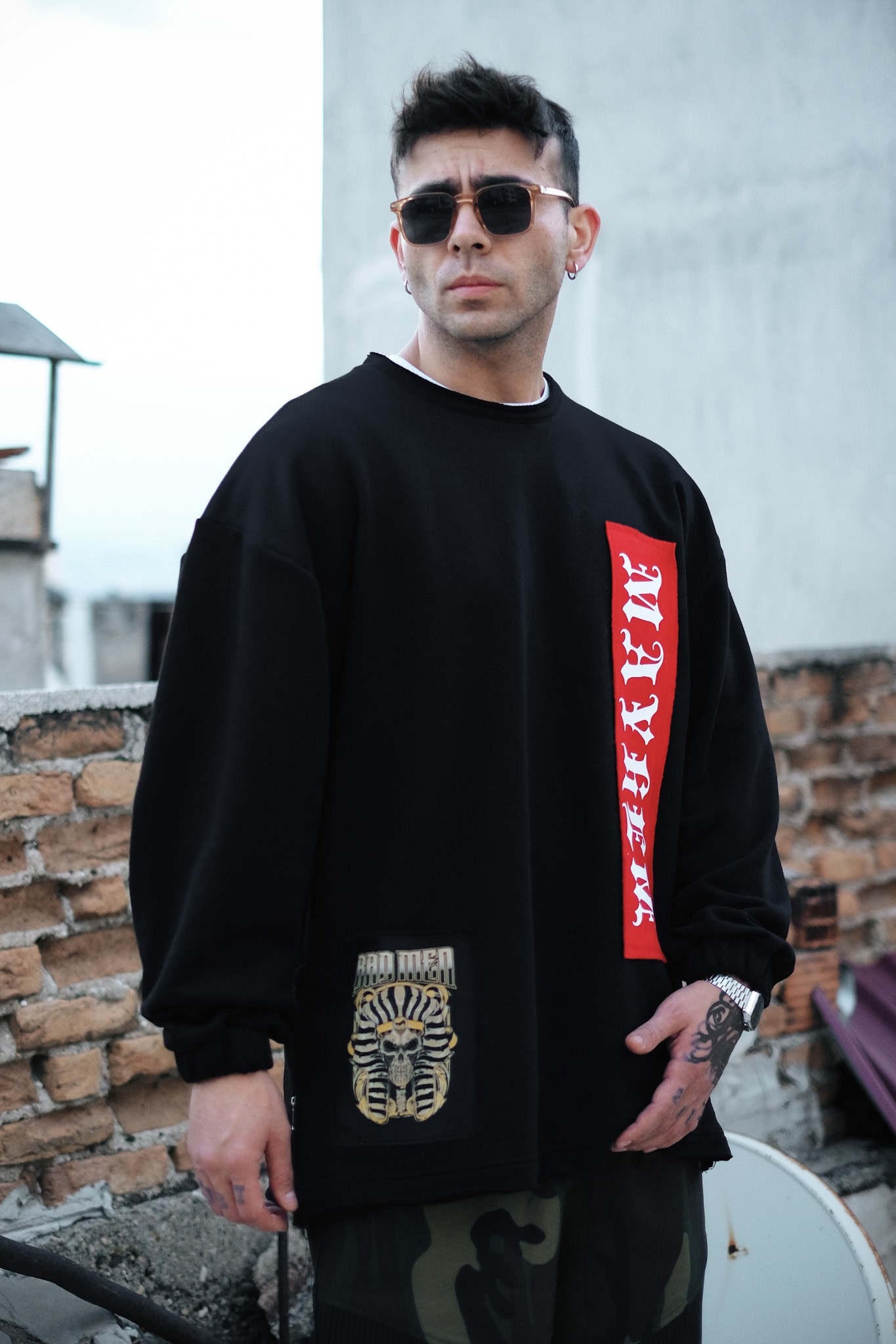 808 ''Bad Men'' Baskılı Fermuar Yırtmaç Oversize Sweatshirt - Siyah