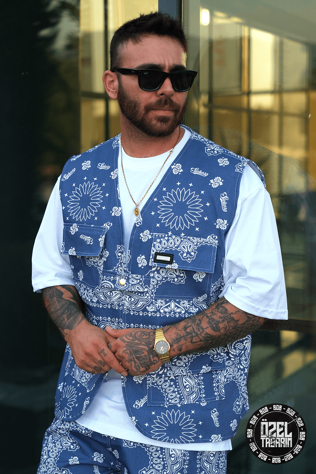 808 Navy Bandana Desen Tek Düğme Oversize Yelek