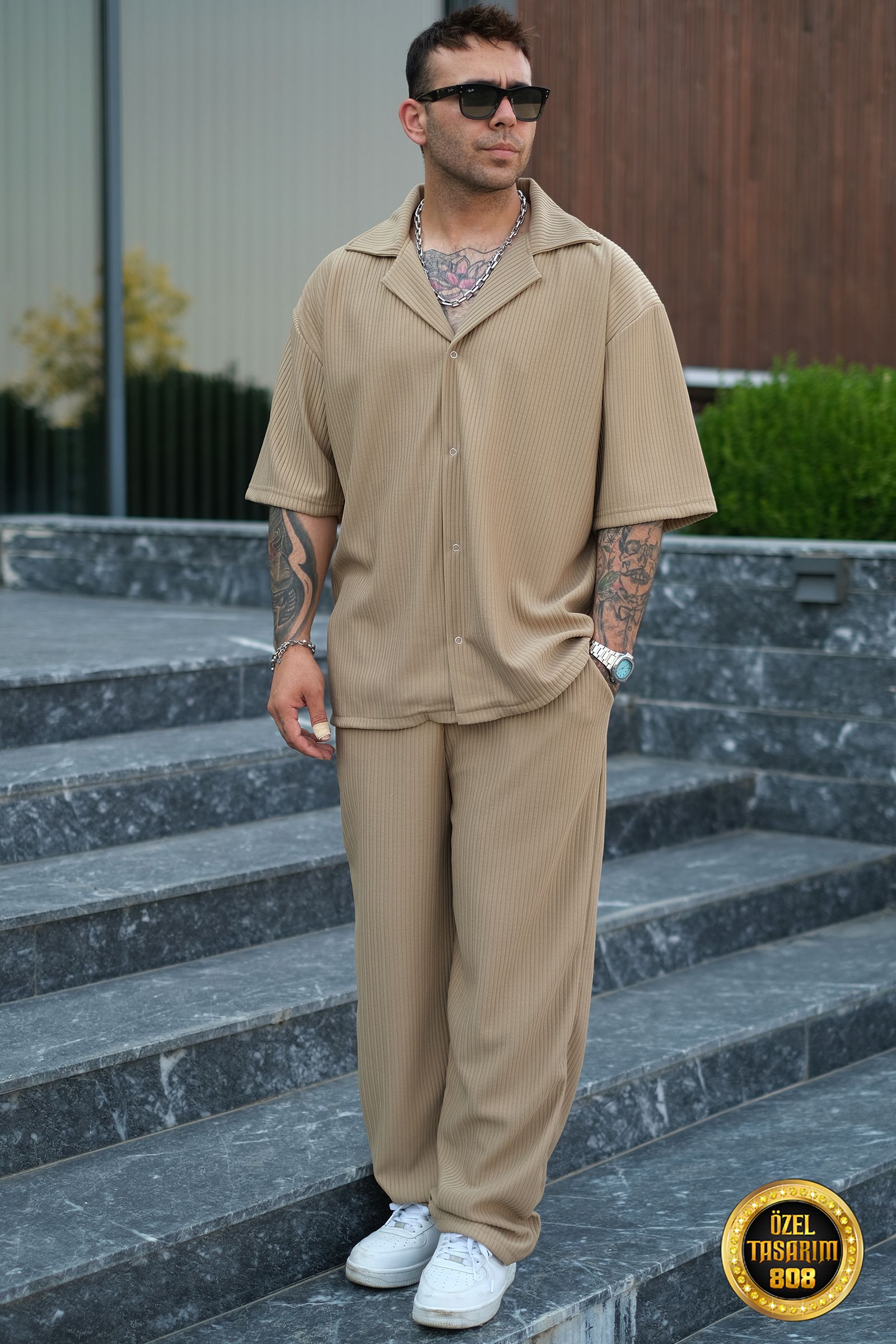 808 Fitil Dokulu Oversize V Yaka Takım (Gömlek - Jogger) - Sütlü Kahve