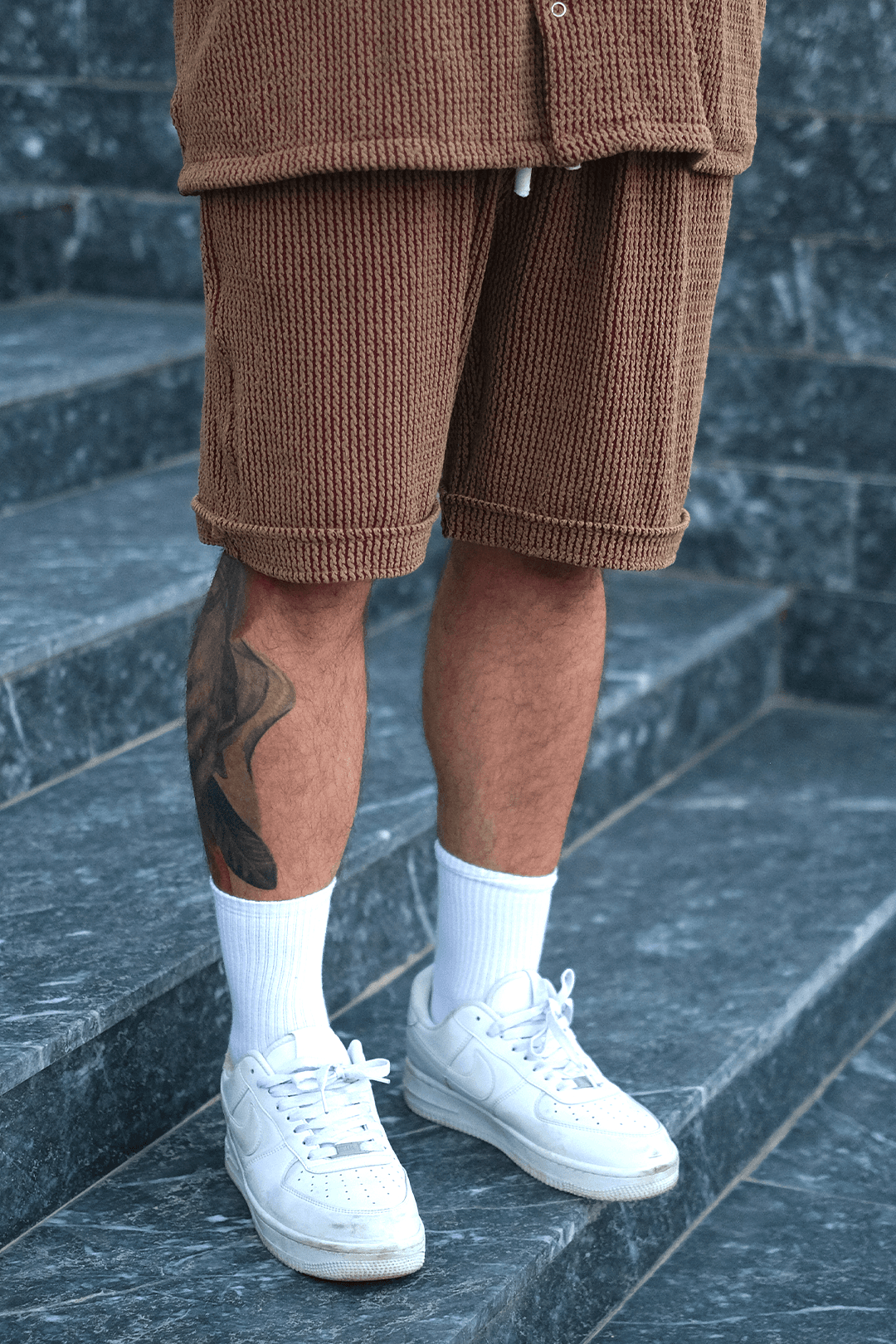 808 Kahverengi Taş Örgü Oversize Şort