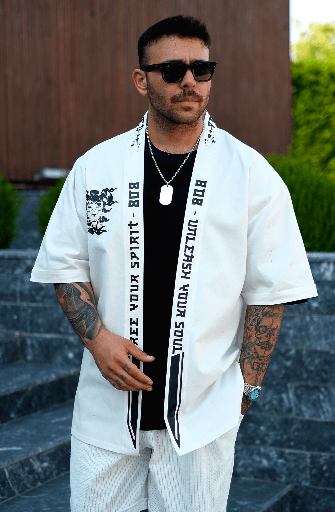 808 Orochi Baskı Detay Oversize Kimono - Ekru