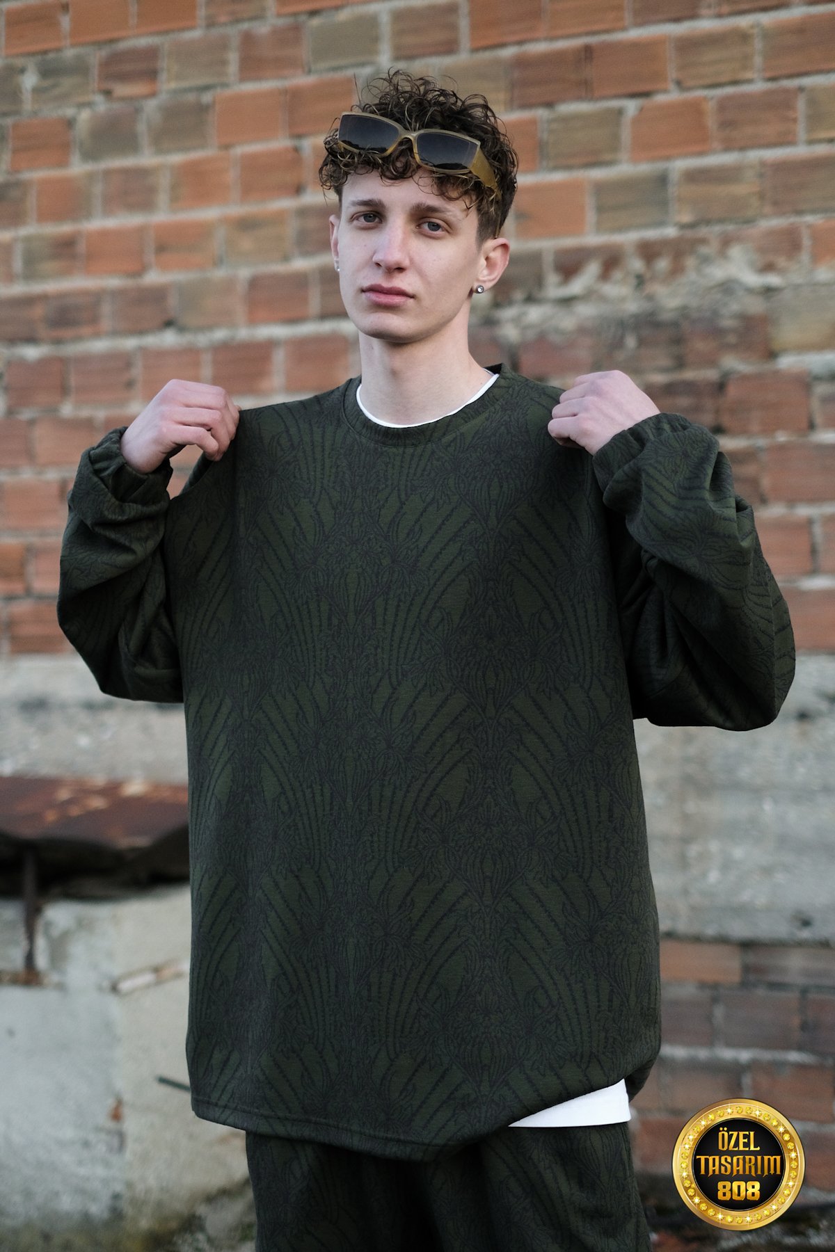808 Etnik Desen Özel Tasarım Sweatshirt - Koyu Yeşil