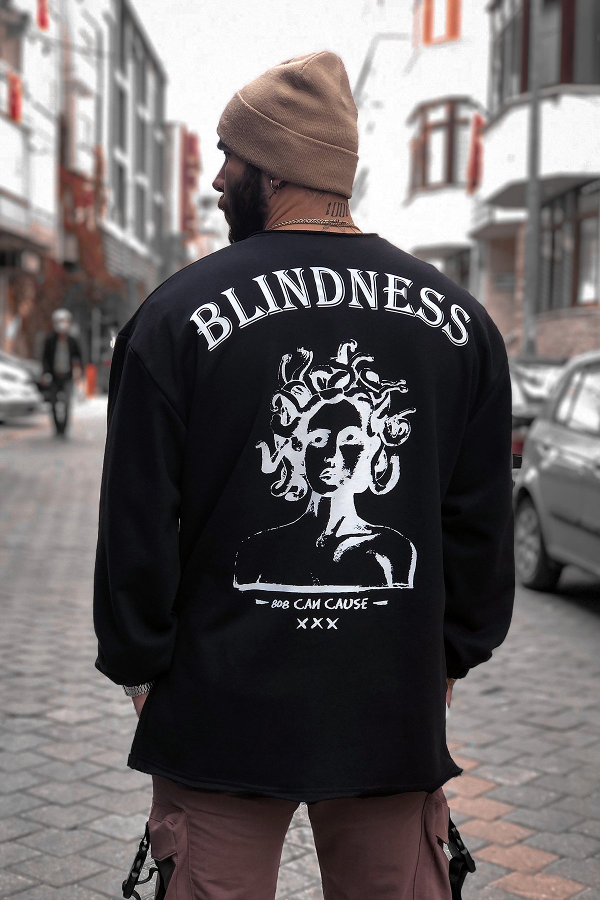 808 "Blindness" Fermuar Yırtmaç Oversize Sweatshirt - Siyah