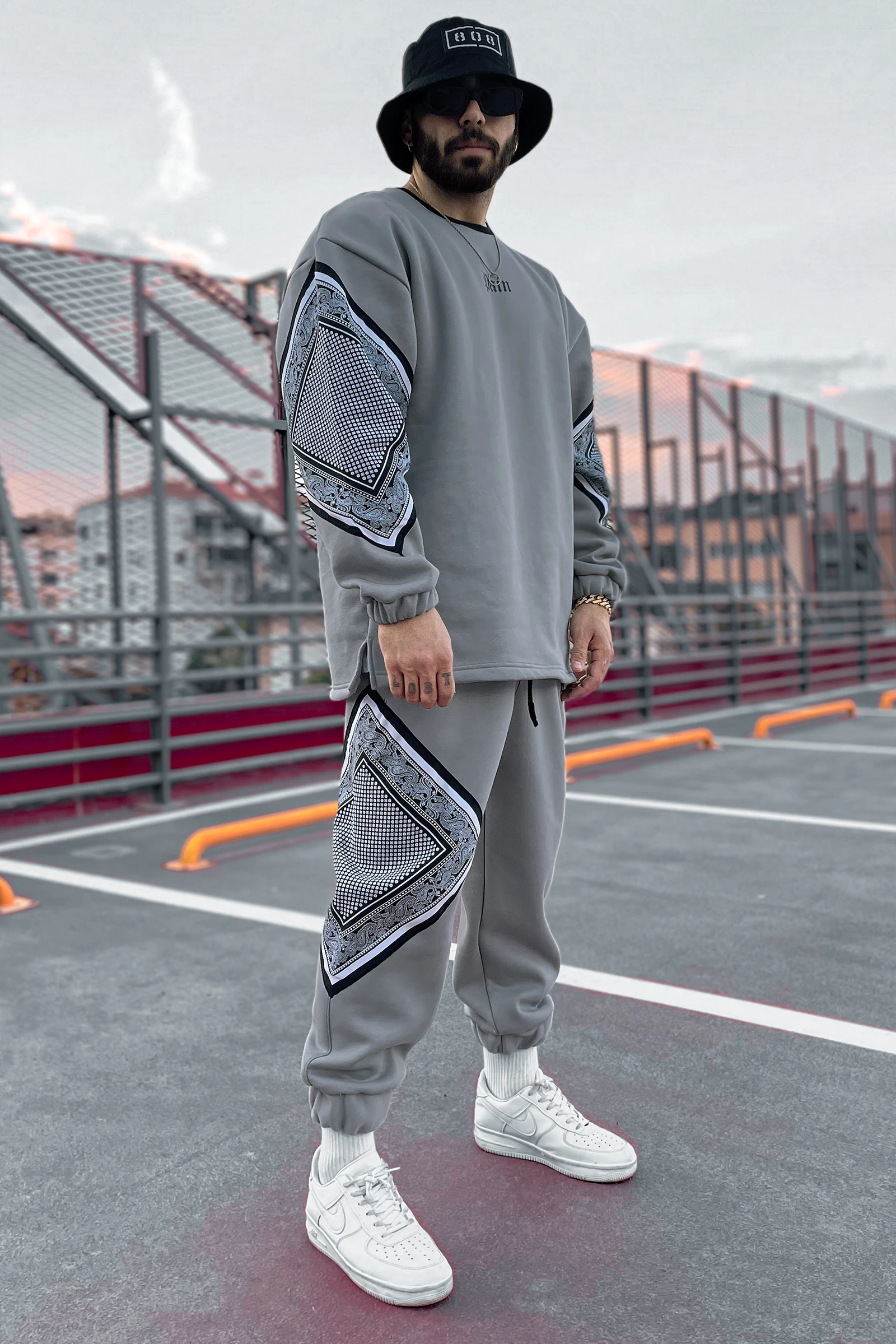 808 Pain Bandana Kontrast Oversize ( Sweatshirt + Jogger ) - Gri