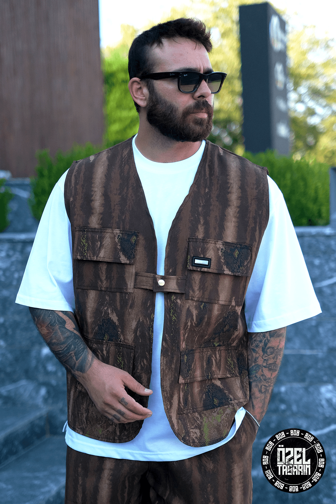 808 Timberline Desen Tek düğme Oversize Yelek